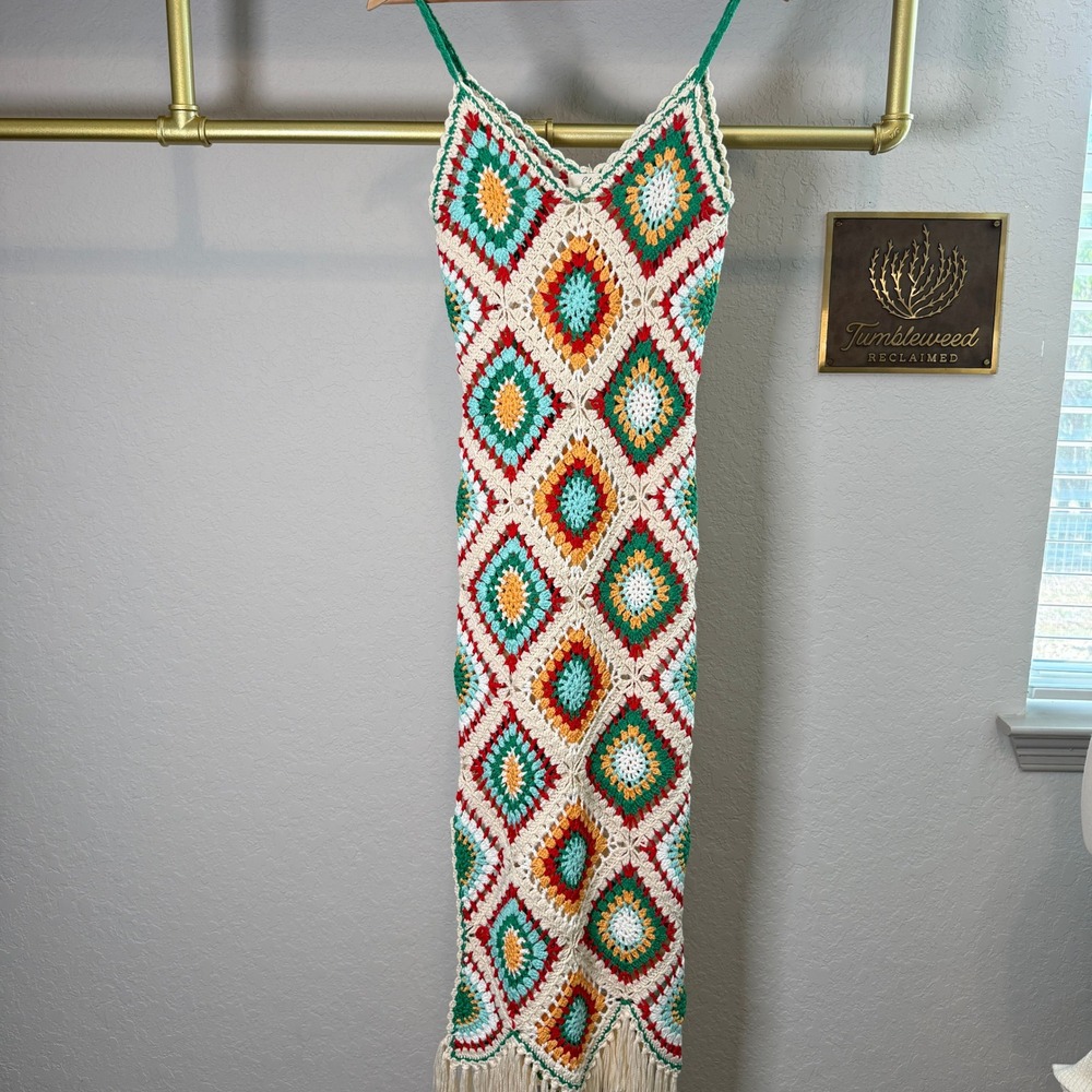 Elan Crochet Granny Square Maxi Dress XS Multicolor Diamond Fringe Boho Festival